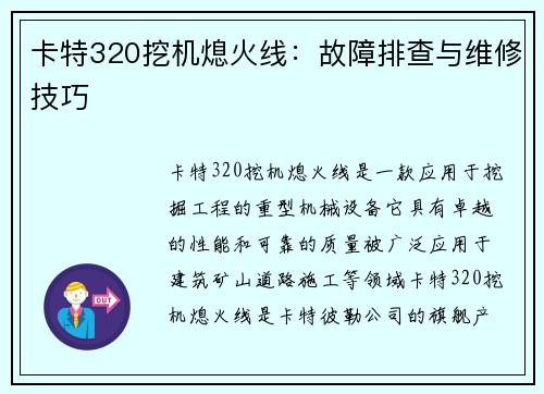卡特320挖机熄火线：故障排查与维修技巧