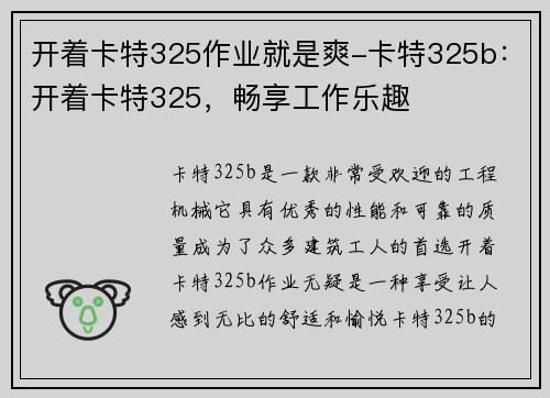 开着卡特325作业就是爽-卡特325b：开着卡特325，畅享工作乐趣