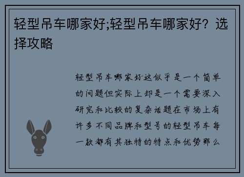 轻型吊车哪家好;轻型吊车哪家好？选择攻略